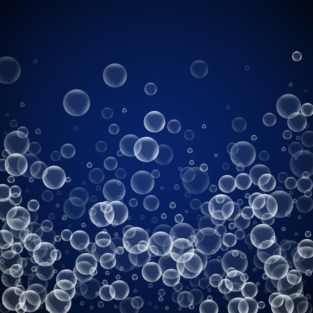 Random soap bubbles abstract background. Blowing bubbles on dark blue night background. Bold soapy foam overlay template. Brilliant vector illustration.のイラスト素材