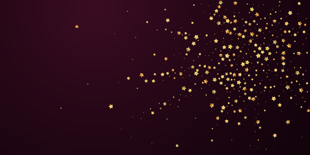 Gold stars random luxury sparkling confetti. Scattered small gold particles on red maroon background. Attractive festive overlay template. Fantastic vector illustration.のイラスト素材