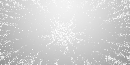 Amazing falling snow Christmas background. Subtle flying snow flakes and stars on light grey background. Appealing winter silver snowflake overlay template. Splendid vector illustration.のイラスト素材