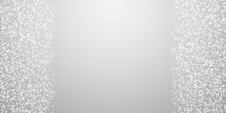 Magic stars Christmas background. Subtle flying snow flakes and stars on light grey background. Appealing winter silver snowflake overlay template. Classic vector illustration.のイラスト素材