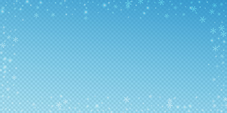Sparse glowing snow Christmas background. Subtle flying snow flakes and stars on transparent blue background. Admirable winter silver snowflake overlay template. Splendid vector illustration.のイラスト素材