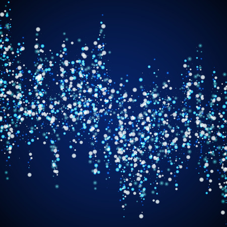 Amazing falling snow Christmas background. Subtle flying snow flakes and stars on night sky background. Alluring winter silver snowflake overlay template. Admirable vector illustration.のイラスト素材