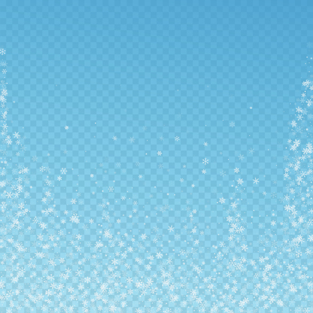 Beautiful snowfall Christmas background. Subtle flying snow flakes and stars on blue transparent background. Admirable winter silver snowflake overlay template. Nice vector illustration.のイラスト素材