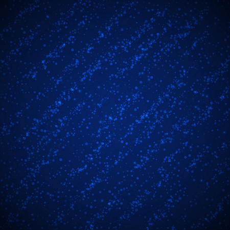 Magic stars Christmas background. Subtle flying snow flakes and stars on dark blue night background. Adorable winter silver snowflake overlay template. Vibrant vector illustration.のイラスト素材