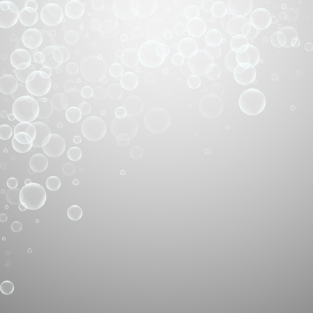 Random soap bubbles abstract background. Blowing bubbles on light grey background. Bold soapy foam overlay template. Divine vector illustration.のイラスト素材