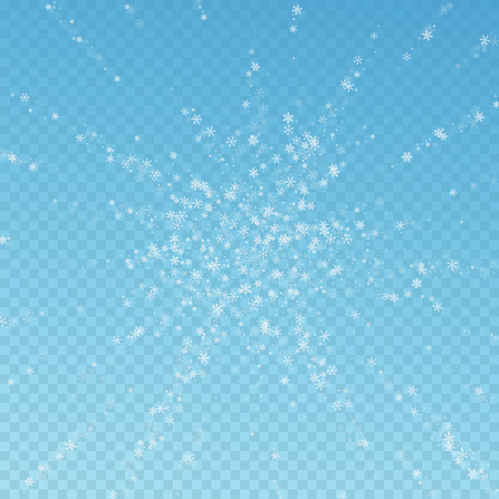 Beautiful snowfall Christmas background. Subtle flying snow flakes and stars on blue transparent background. Actual winter silver snowflake overlay template. Wonderful vector illustration.のイラスト素材