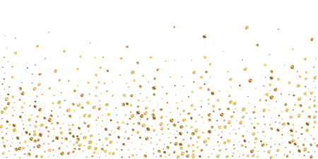 Sparse gold confetti luxury sparkling confetti. Scattered small gold particles on white background. Beautiful festive overlay template. Symmetrical vector illustration.のイラスト素材