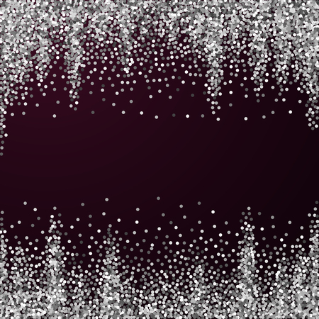 Round silver glitter luxury sparkling confetti. Scattered small gold particles on red maroon background. Alive festive overlay template. Dramatic vector illustration.のイラスト素材