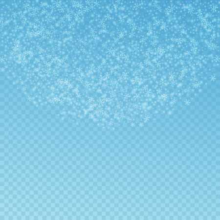 Beautiful glowing snow Christmas background. Subtle flying snow flakes and stars on blue transparent background. Amazing winter silver snowflake overlay template. Breathtaking vector illustration.のイラスト素材