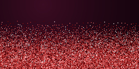 Red gold glitter luxury sparkling confetti. Scattered small gold particles on red maroon background. Brilliant festive overlay template. Exceptional vector illustration.のイラスト素材