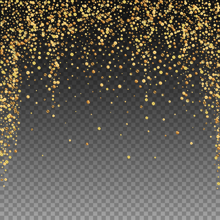 Gold confetti luxury sparkling confetti. Scattered small gold particles on transparent background. Admirable festive overlay template. Outstanding vector illustration.のイラスト素材