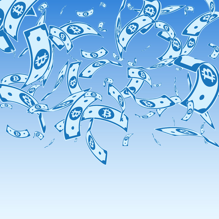 Bitcoin, internet currency notes falling. Random BTC bills on blue sky background. Cryptocurrency, digital money. Alive vector illustration. Grand jackpot, wealth or success concept.のイラスト素材