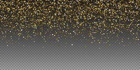 Gold triangles luxury sparkling confetti. Scattered small gold particles on transparent background. Breathtaking festive overlay template. Fascinating vector illustration.のイラスト素材