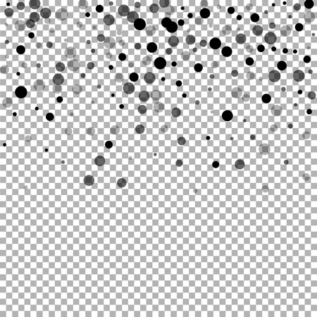 Scattered random black dots. Dark points dispersion on transparent background. Bizarre grey spots dispersing overlay template. Memorable vector illustration.のイラスト素材