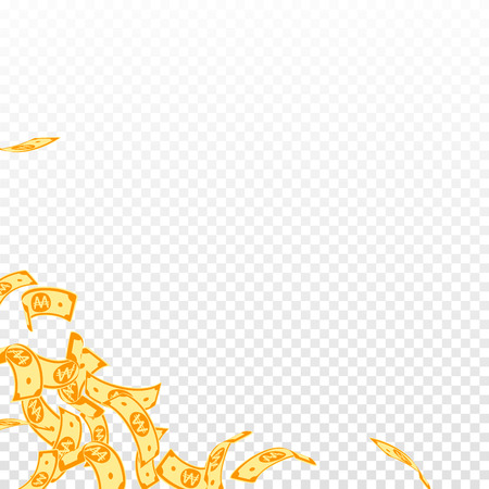 Korean won notes falling. Floating WON bills on transparent background. Korea money. Cute vector illustration. Exotic jackpot, wealth or success concept.のイラスト素材