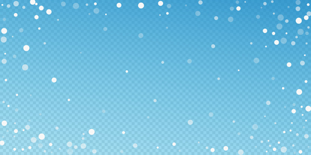 White dots Christmas background. Subtle flying snow flakes and stars on blue transparent background. Beautiful winter silver snowflake overlay template. Unusual vector illustration.のイラスト素材