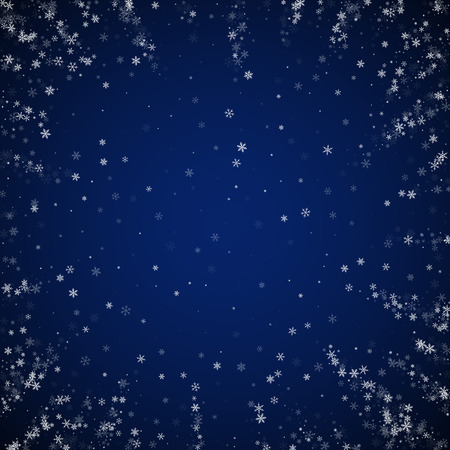 Beautiful snowfall Christmas background. Subtle flying snow flakes and stars on dark blue night background. Amazing winter silver snowflake overlay template. Great vector illustration.のイラスト素材