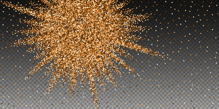 Red round gold glitter luxury sparkling confetti. Scattered small gold particles on transparent background. Awesome festive overlay template. Delicate vector illustration.のイラスト素材