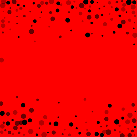 Scattered random black dots. Dark points dispersion on red background. Bizarre grey spots dispersing overlay template. Fetching vector illustration.のイラスト素材