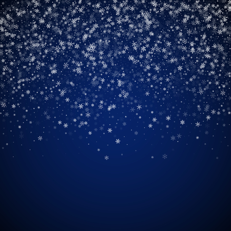 Beautiful snowfall Christmas background. Subtle flying snow flakes and stars on dark blue night background. Alive winter silver snowflake overlay template. Lively vector illustration.のイラスト素材