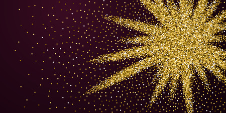 Round gold glitter luxury sparkling confetti. Scattered small gold particles on red maroon background. Attractive festive overlay template. Magnetic vector illustration.のイラスト素材