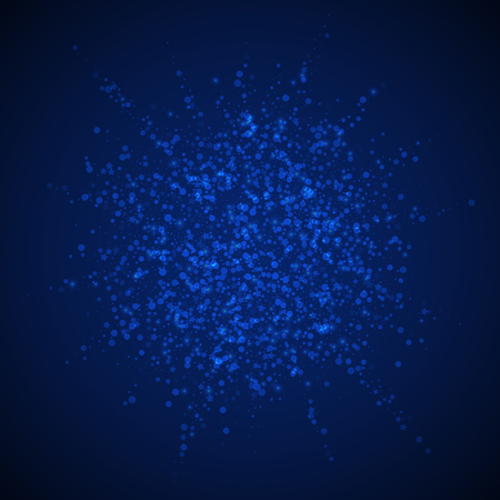Magic stars sparse Christmas background. Subtle flying snow flakes and stars on dark blue night background. Bewitching winter silver snowflake overlay template. Lovely vector illustration.のイラスト素材
