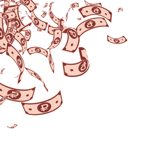 Russian ruble notes falling. Messy RUB bills on white background. Russia money. Bold vector illustration. Comely jackpot, wealth or success concept.のイラスト素材