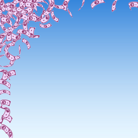 European Union Euro notes falling. Small EUR bills on blue sky background. Europe money. Amazing vector illustration. Attractive jackpot, wealth or success concept.のイラスト素材