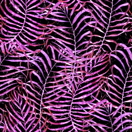 Tropical seamless pattern. Watercolor tangled palm leaves, japanese bamboo. Purple exotic swimwear design. Summer tropic repeated print. Brilliant textile illustration.の写真素材