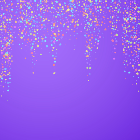 Festive confetti. Celebration stars. Colorful stars on bright purple background. Eminent festive overlay template. Great vector illustration.のイラスト素材