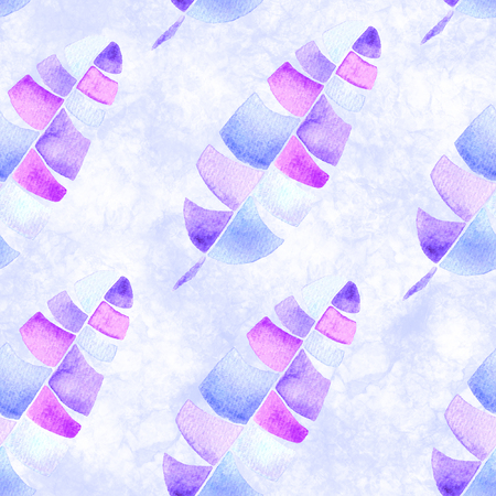 Tropical seamless pattern. Watercolor childlike palm leaves, japanese bamboo. Purple exotic swimwear design. Summer tropic repeated print. Remarkable textile illustration.の写真素材