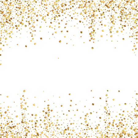 Gold confetti luxury sparkling confetti. Scattered small gold particles on white background. Adorable festive overlay template. Valuable vector illustration.のイラスト素材
