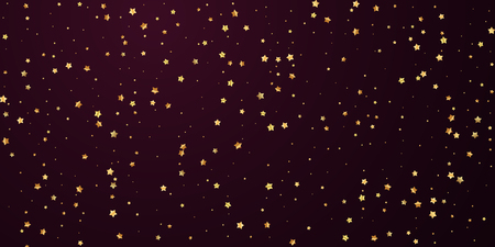 Gold stars random luxury sparkling confetti. Scattered small gold particles on red maroon background. Bizarre festive overlay template. Dramatic vector illustration.のイラスト素材