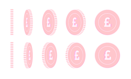 British pound rotating coins set, animation ready. Pink GBP copper coins rotation. United Kingdom metal money. Elegant cartoon vector illustration.のイラスト素材