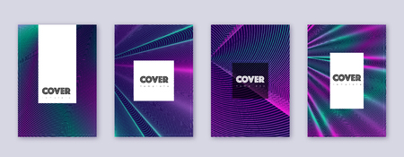 Hipster brochure design template set. Neon abstract lines on dark blue background. Amazing brochure design. Terrific catalog, poster, book template etc.のイラスト素材