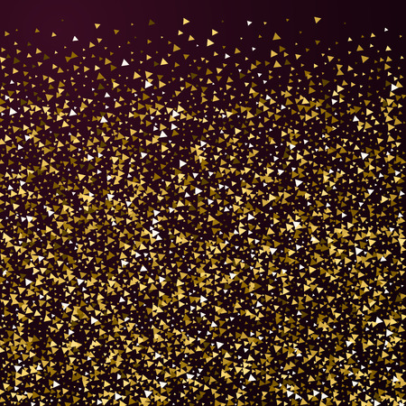 Gold triangles luxury sparkling confetti. Scattered small gold particles on red maroon background. Amusing festive overlay template. Admirable vector illustration.のイラスト素材