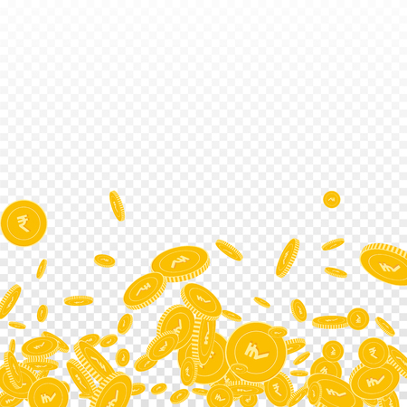 Indian rupee coins falling. Scattered floating INR coins on transparent background. Magnificent scatter bottom gradient vector illustration. Jackpot or success concept.のイラスト素材