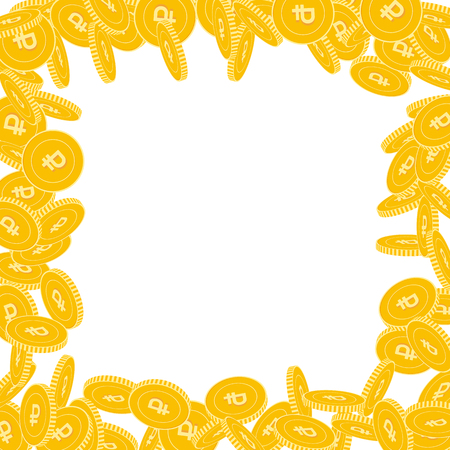 Russian ruble coins falling. Scattered big RUB coins on white background. Popular chaotic border vector illustration. Jackpot or success concept.のイラスト素材