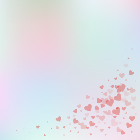 Red heart love confettis. Valentine's day corner decent background. Falling transparent hearts confetti on gradient background. Dramatic vector illustration.のイラスト素材