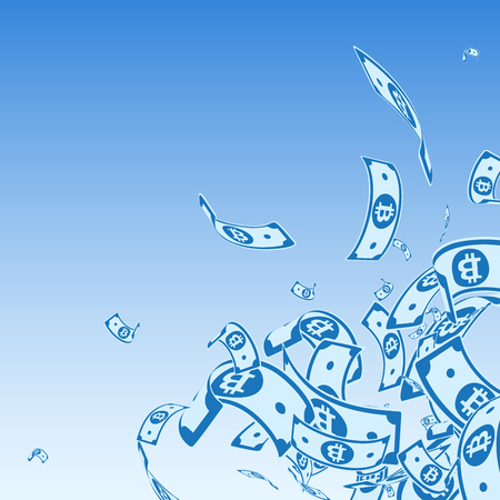 Bitcoin, internet currency notes falling. Messy BTC bills on blue sky background. Cryptocurrency, digital money. Adorable vector illustration. Ravishing jackpot, wealth or success concept.のイラスト素材