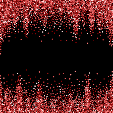 Red gold glitter luxury sparkling confetti. Scattered small gold particles on black background. Alive festive overlay template. Charming vector illustration.のイラスト素材