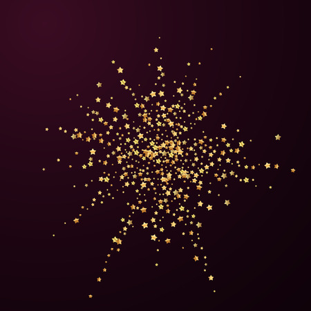 Gold stars luxury sparkling confetti. Scattered small gold particles on red maroon background. Actual festive overlay template. Terrific vector illustration.のイラスト素材