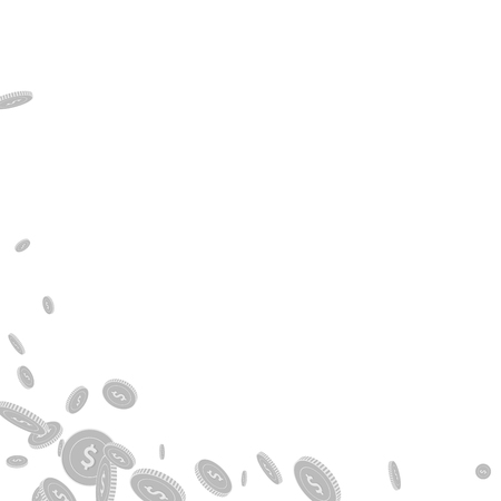 American dollar coins falling. Scattered black and white USD disorderly coins. Jackpot or success concept. Breathtaking abstract left bottom corner vector illustration.のイラスト素材
