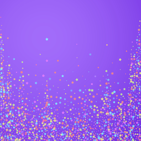 Festive confetti. Celebration stars. Colorful stars on bright purple background. Captivating festive overlay template. Pleasant vector illustration.のイラスト素材
