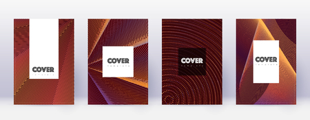 Hipster brochure design template set. Orange abstract lines on wine red background. Amusing brochure design. Bizarre catalog, poster, book template etc.のイラスト素材