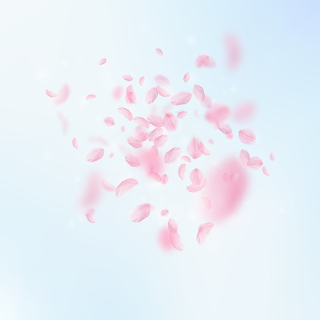 Sakura petals falling down. Romantic pink flowers explosion. Flying petals on blue sky square background. Love, romance concept. Curious wedding invitation.のイラスト素材