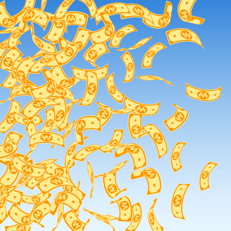 Korean won notes falling. Floating WON bills on blue sky background. Korea money. Dazzling vector illustration. Indelible jackpot, wealth or success concept.のイラスト素材