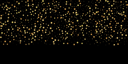 Gold stars random luxury sparkling confetti. Scattered small gold particles on black background. Bold festive overlay template. Unequaled vector illustration.のイラスト素材