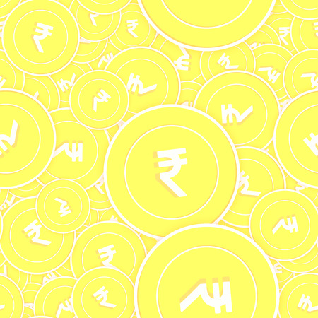 Indian rupee gold coins seamless pattern. Energetic scattered yellow INR coins. Success concept. India money pattern. Coin vector illustration.のイラスト素材