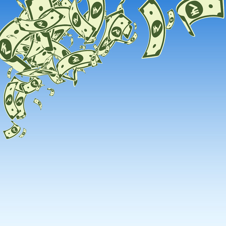 Indian rupee notes falling. Messy INR bills on blue sky background. India money. Classic vector illustration. Actual jackpot, wealth or success concept.のイラスト素材